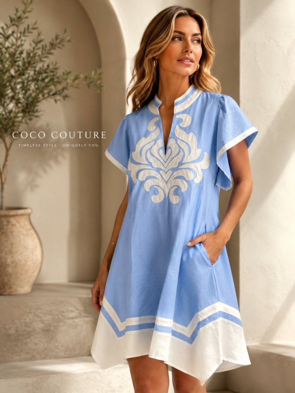 TAS91228 Light Blue Shift Applique Dress